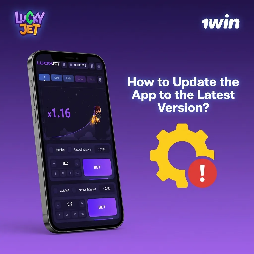 Smartphone screen showing 1win Lucky Jet app update notification and progress bar for downloading the latest version