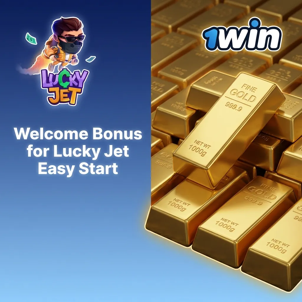 Colorful 1win Lucky Jet welcome bonus banner showing “500% up to ₹75,000” with promo code and new user offer text