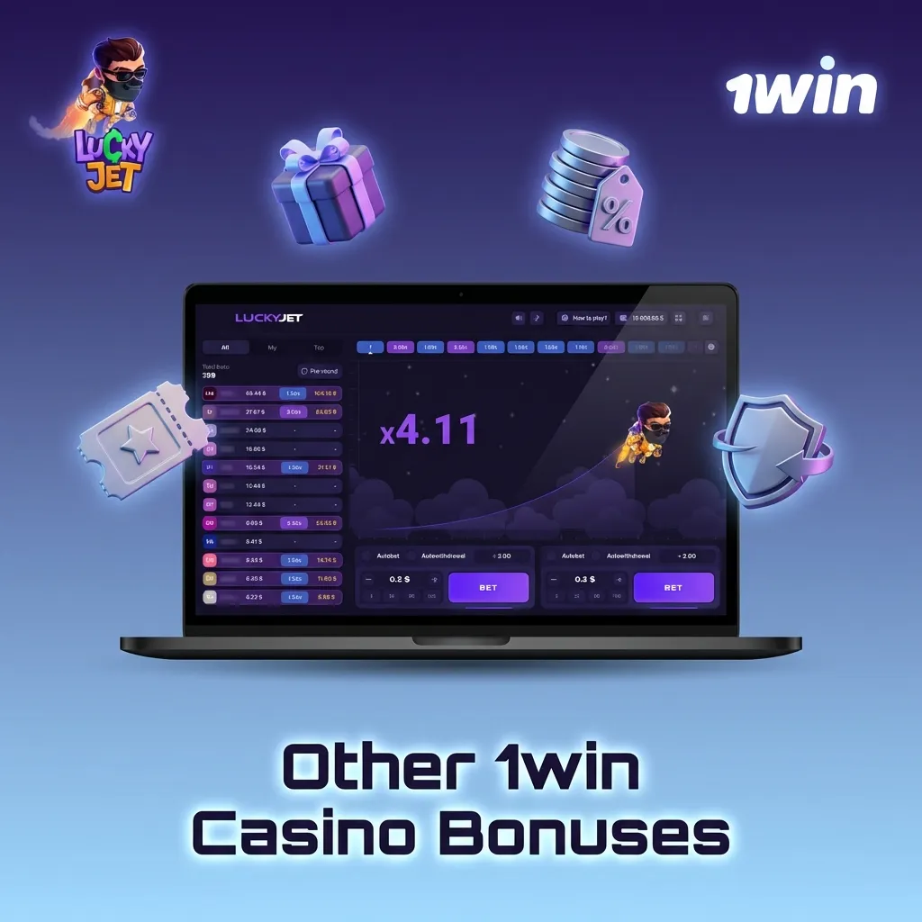 Banner showing 1win casino bonuses: reload, cashback, VIP rewards, and free spins for Indian Lucky Jet players