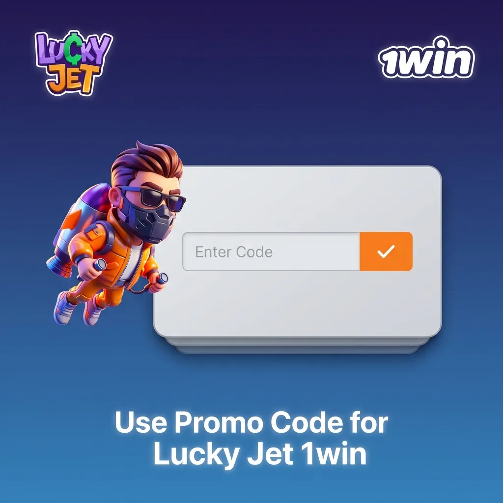 Lucky Jet 1win promo banner showing code “LUCKYJET1WIN” for extra bonus on registration or deposit